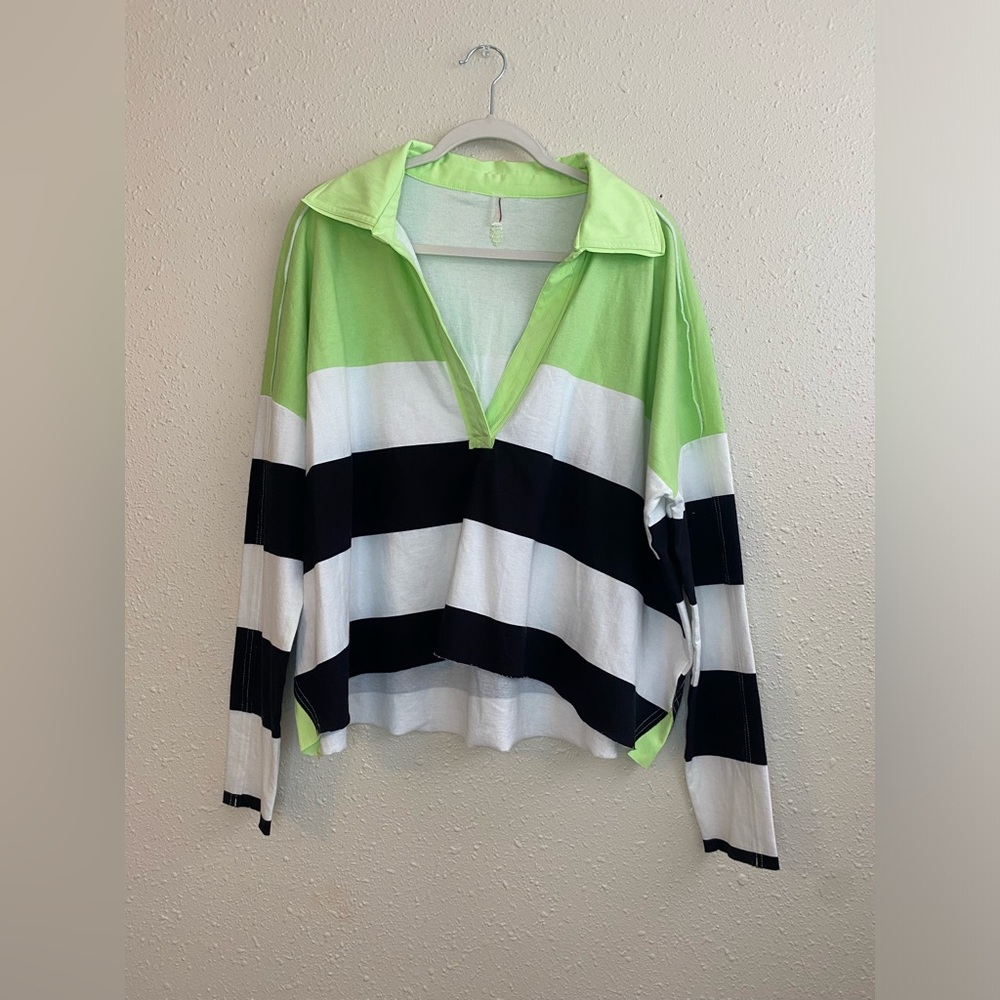 Free people movement preppy striped LS top | black, white & lime green | size M